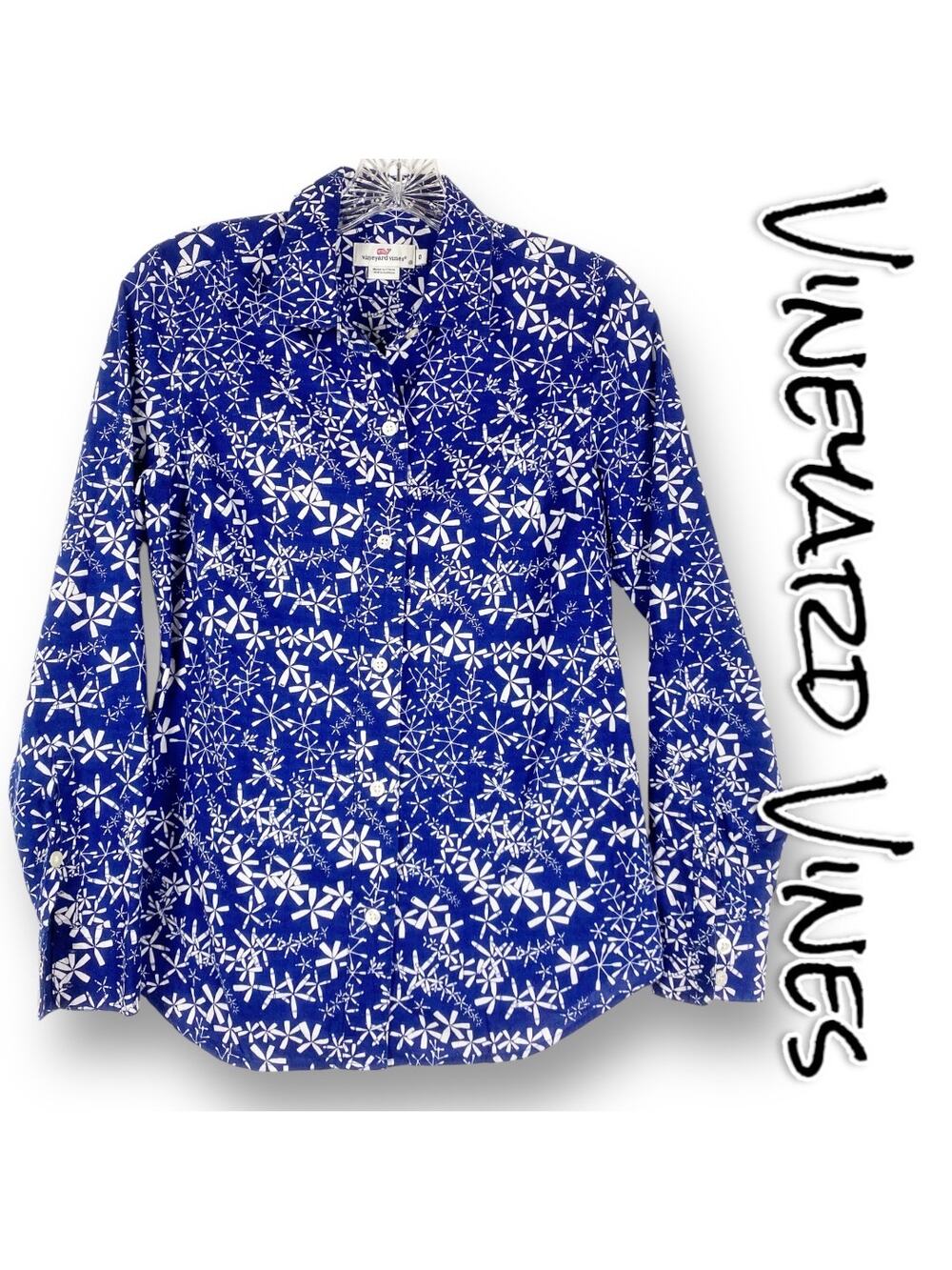 Vineyard Vines Blue Becket Paddle Print Button Down Shirt Long Sleeve Women Sz 0